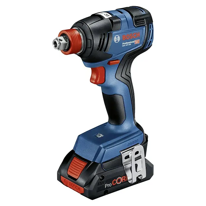 Bosch Professional Set de taladros GDX18V-200+GSB18V-55 - 18 V, 2 baterías, 4 Ah, 5 pzs. - Aquí está la llave de impacto inalámbrica Bosch GDX 18V-200, una herramienta de nivel profesional para aplicaciones pesadas con un diseño robusto y alto rendimiento.