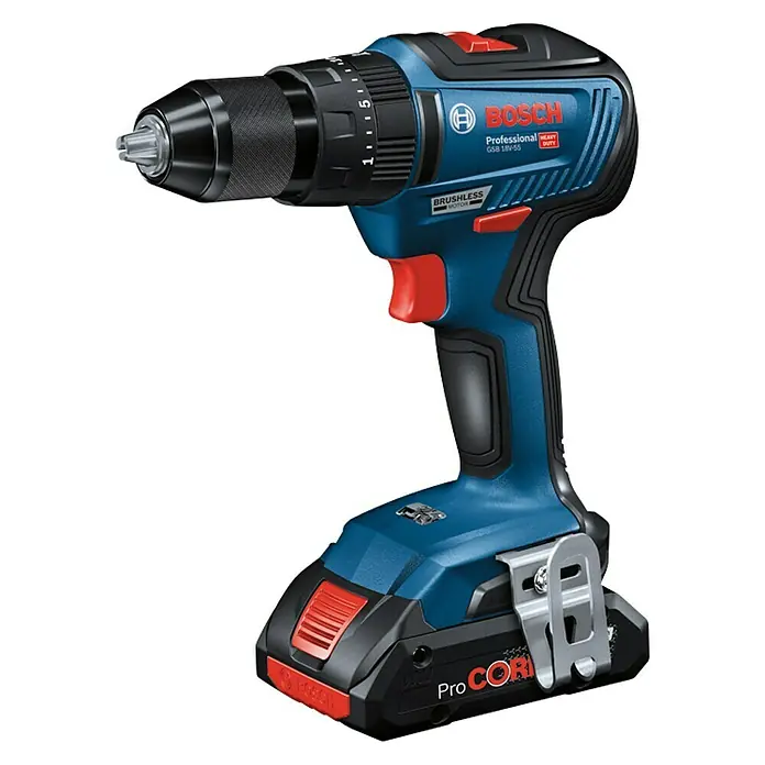 Bosch Professional Set de taladros GDX18V-200+GSB18V-55 - 18 V, 2 baterías, 4 Ah, 5 pzs. - Imagen de un taladro combinado inalámbrico Bosch Professional GSB 18V-55, con un diseño azul y detalles rojos.