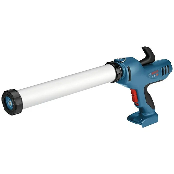 Bosch Professional AMPShare 18V Akku-Kartuschenpresse GCG 18V-600 - 18 V, Ohne Akku - Abbildung einer blauen Bosch Akku-betriebenen Kartuschenpistole mit einem weißen Zylinder für Kartuschen oder Folienbeutel.