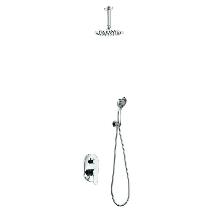 Imex Sistema de ducha empotrado Oslo - Cromo - Esta imagen muestra un moderno sistema de ducha con un cabezal de lluvia, ducha de mano y válvula en cromo brillante. Perfecto para un baño elegante.