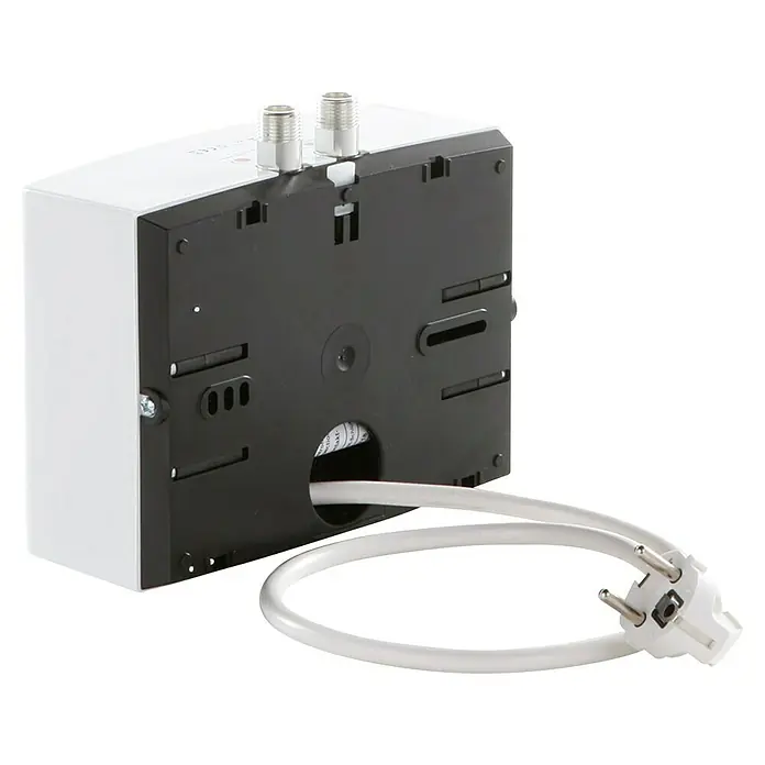 AEG Calentador de agua pequeño MTH 350 - 3,5 kW, Hidráulica, Abierto - Vista del calentador de agua electrónico con dos conexiones y un cable de alimentación que sale del dispositivo.