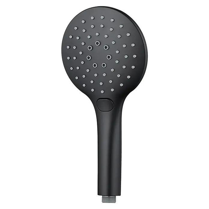 Camargue Maui Handbrause - Anzahl Funktionen: 3 Stk., Durchmesser Handbrause: 12,5 cm, Schwarz - Nahaufnahme eines mattschwarzen Duschkopfs mit mehreren Düsen und einem runden Knopf für unterschiedliche Strahlarten.