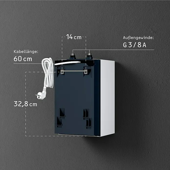 Stiebel Eltron Warmwasserspeicher UFP 5 T - 5 l, 2.000 W, Temperaturbereich: 35 °C - 85 °C, Untertischmontage - Produktdetailansicht: Maße und Spezifikationen des Geräts, einschließlich Kabellänge, Gewindegröße und Abmessungen für Installation und Verwendung.