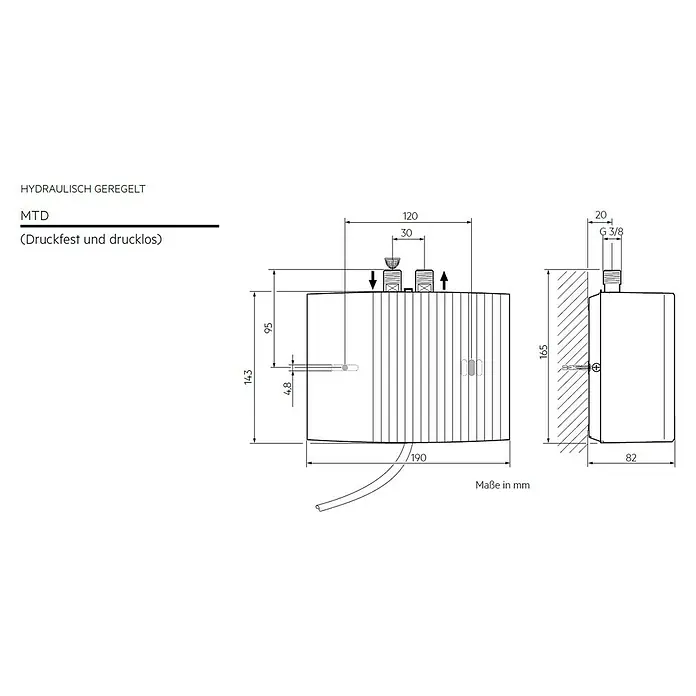 AEG Kleindurchlauferhitzer MTD 350 - 3,53 kW, Hydraulisch, Geschlossen - Abbildung eines MTD-Geräts mit hydraulischer Steuerung, einschließlich detaillierter Maßangaben und technischer Details.