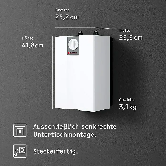 Stiebel Eltron Warmwasserspeicher UFP 5 T - 5 l, 2.000 W, Temperaturbereich: 35 °C - 85 °C, Untertischmontage - Produktbild eines Stiebel Eltron Warmwasserspeichers mit den Maßen: Höhe 41,8cm, Breite 25,2cm, Tiefe 22,2cm und einem Gewicht von 3,1kg.