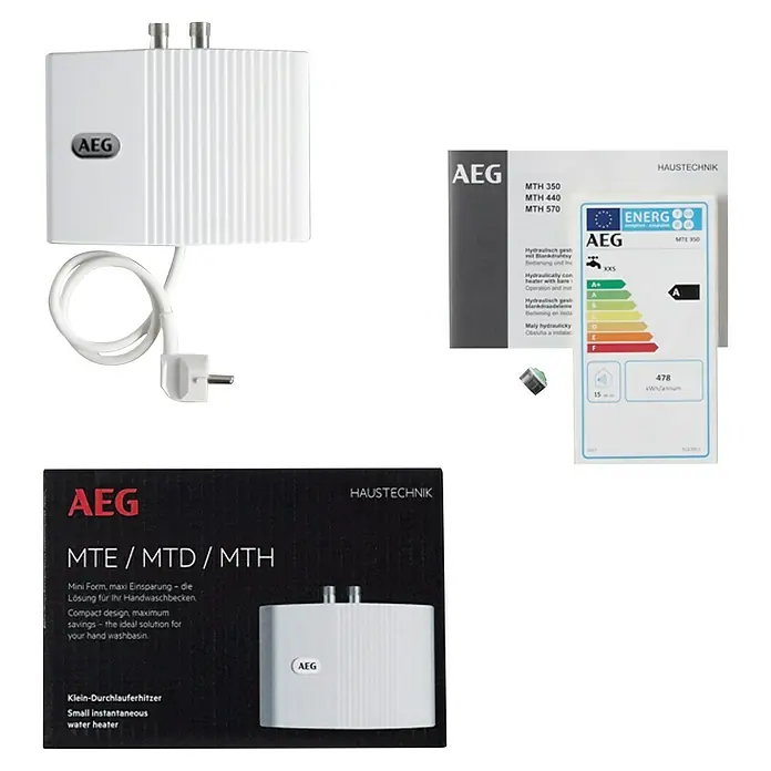 AEG Calentador de agua pequeño MTH 350 - 3,5 kW, Hidráulica, Abierto - Imagen de un calentador de agua instantáneo pequeño AEG MTE/MTD/MTH con accesorios y embalaje.