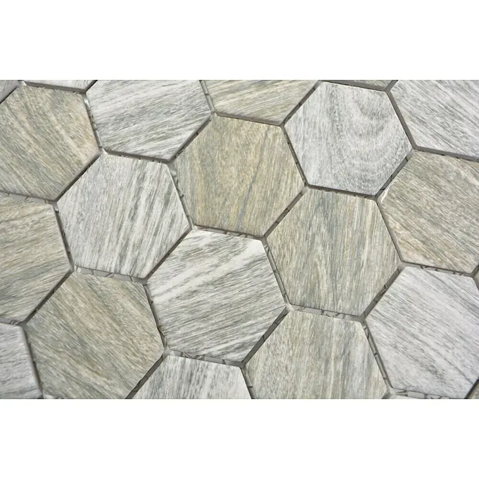 Mosaikfliese Hexagon HX CURIO HG - 32,5 x 28,1 cm, Grau, Matt - Sechseckige Fliesen in Holzoptik. Diese Fliesen verleihen jedem Raum einen Hauch von natürlicher Eleganz und Wärme.