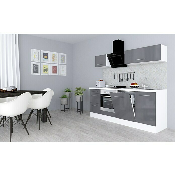 Respekta Premium Composición de cocina (Ancho: 220 cm, Con dispositivos eléctricos, Gris de alto brillo)
