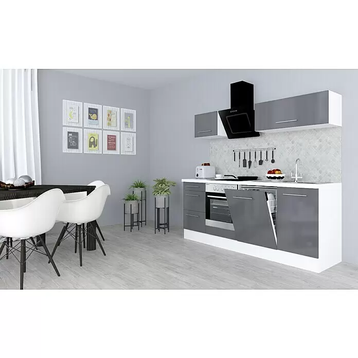 Respekta Premium Composición de cocina Amanda - Ancho: 220 cm, Gris, Con electrodomésticos - Cocina moderna con gabinetes grises brillantes, electrodomésticos integrados y encimeras blancas. Comedor adyacente con mesa oscura y sillas blancas.