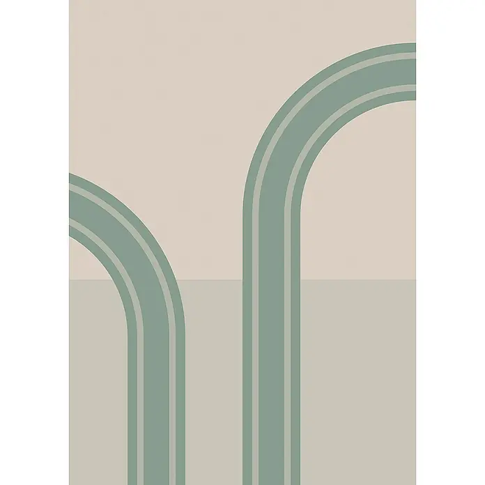 Komar Infinity 2 Fototapete Loop - B x H: 200 x 250 cm, Vlies - Abstraktes Kunstwerk mit zwei grünen Bögen und hellbeigem Hintergrund. Die Bögen haben graue Streifen.