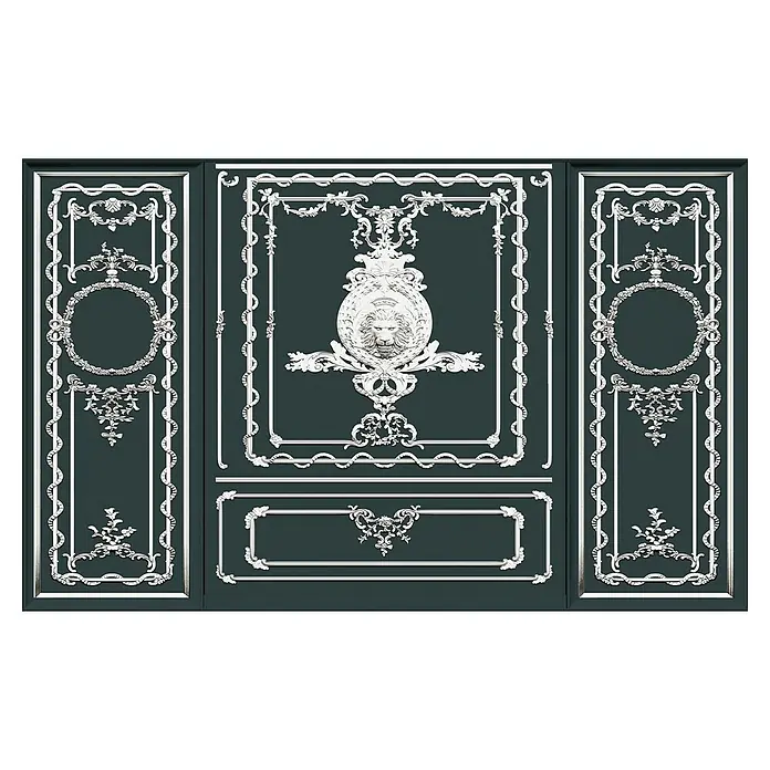 Komar Infinity 2 Fototapete Classy Castle - B x H: 400 x 250 cm, Vlies - Detailreiche Wandpaneele in Dunkelgrün mit filigranen, weißen Stuckverzierungen und einem Löwenkopfmotiv in der Mitte. Elegantes Wanddesign.