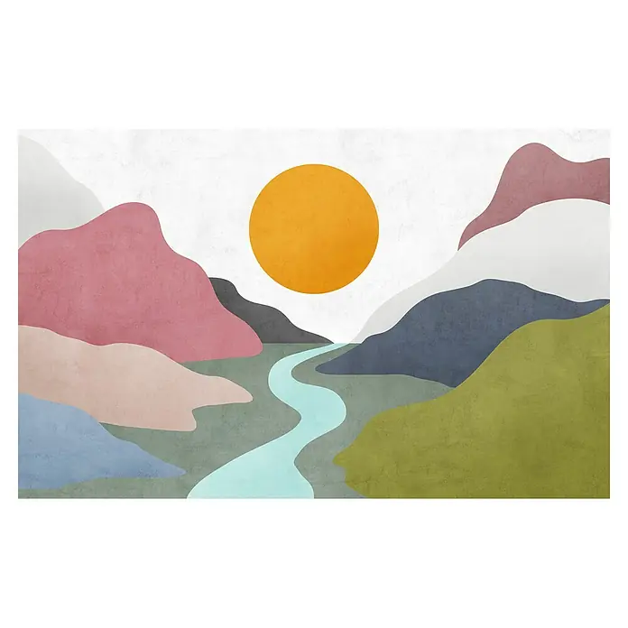 Komar Infinity 2 Fototapete - B x H: 400 x 250 cm, Vlies, Velvety Valley - Abstrakte Kunst mit sonnigem Farbton, die Gebirge und einen Fluss in ruhigen Farbtönen darstellt. Zeitgenössische Wandkunst für jedes Zuhause.