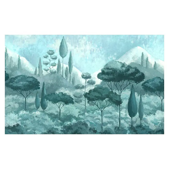 Komar Infinity 2 Fototapete Soothing Scenery - B x H: 400 x 250 cm, Vlies - Landschaftsgemälde in blaugrünen Tönen mit Bäumen und Bergen. Die Leinwand zeigt eine ruhige, malerische Szene in kühlen Farben.