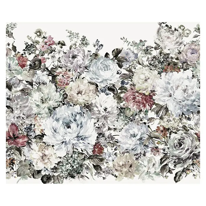 Komar Infinity 2 Fototapete Gentle Grace - B x H: 300 x 250 cm, Vlies - Ein üppiges Blumenmuster mit Rosen und Pfingstrosen in zarten Farbtönen, ideal für ein romantisches und elegantes Ambiente.