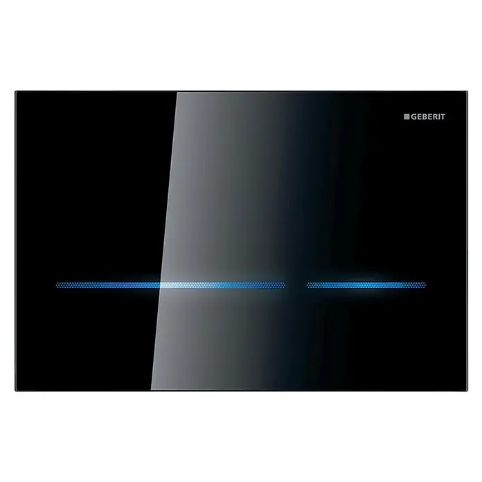 Geberit Betätigungsplatte Sigma 80 - Schwarz, 2-Mengen-Spülung - Geberit Betätigungsplatte in Schwarz mit einem horizontalen, blau beleuchteten Designelement für moderne Badezimmer.