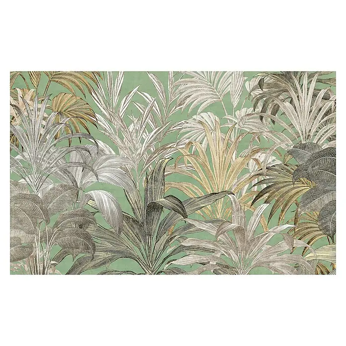 Komar Infinity 2 Fototapete Ciao CapriB x H: 400 x 250 cm, Vlies - Bild des botanischen Wandbildes mit detaillierten Palmenblättern in verschiedenen Farben auf einem grünen Hintergrund.