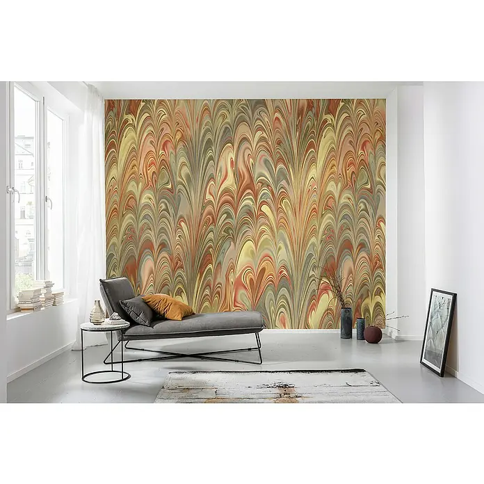 Komar Infinity 2 Fototapete Club Circles - B x H: 300 x 250 cm, Vlies - Ein luxuriöses Wohnzimmer mit Marmortapete, das eine elegante und künstlerische Note verleiht. Die Tapete ist ein echter Blickfang.