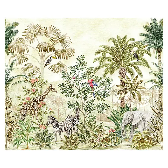 Komar Infinity 2 Fototapete Wild Wonderland - B x H: 300 x 250 cm, Vlies - Dschungeltapete mit Giraffe, Zebra, Elefant und tropischen Pflanzen. Eine exotische Wanddekoration, die ein lebendiges und farbenfrohes Ambiente schafft.