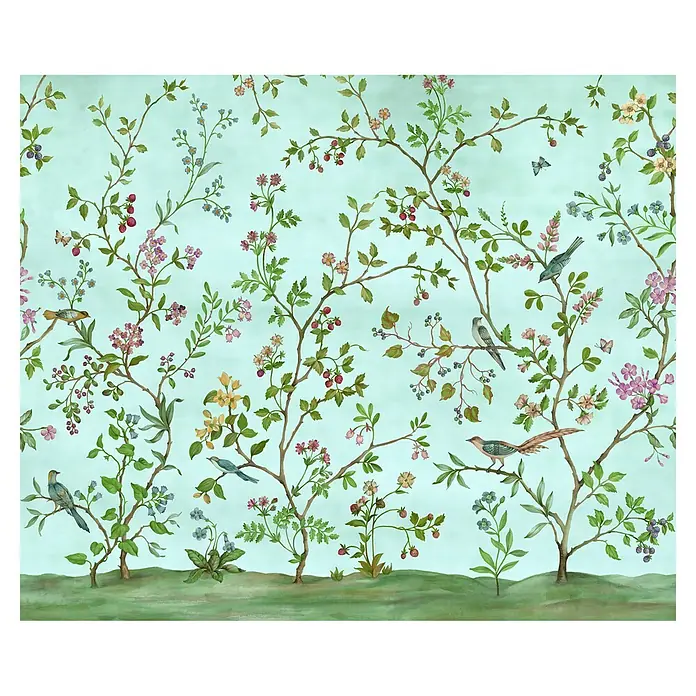 Komar Infinity 2 Fototapete Nirvana Novel - B x H: 300 x 250 cm, Vlies - Illustration von Ästen mit Blättern, Blumen und Vögeln auf hellblauem Hintergrund, eine dekorative und natürliche Tapete.