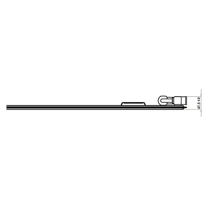 Flachheizkörper - B x H: 2.000 x 600 mm, Wärmeleistung bei Vorlauftemperatur von 75 °C (D: 50): 1.250 W, Typ Heizkörper: 10 - Draufsicht auf ein metallisches Verbindungselement mit einem Etikett, das die Abmessungen 47,5 ± 2 anzeigt, präsentiert auf neutralem Hintergrund.