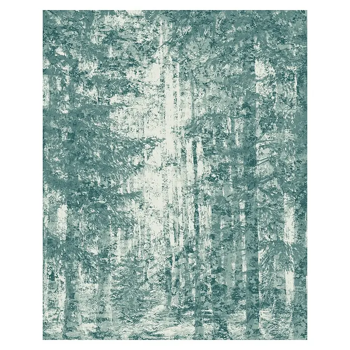 Komar Infinity 2 Fototapete Endless Energy - B x H: 200 x 250 cm, Vlies - Das Bild zeigt einen stilisierten Wald mit vertikalen Baumstämmen und abstrakten, türkisfarbenen Blättern, eine moderne Interpretation der Natur.
