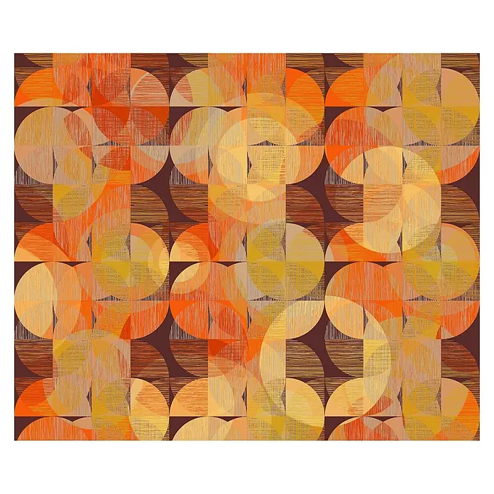 Komar Infinity 2 Fototapete Seventies Swing - B x H: 300 x 250 cm, Vlies - Abstraktes Muster mit Kreisen und Quadraten in warmen Orange-, Gelb- und Brauntönen, das ein modernes, grafisches Design zeigt.\n
