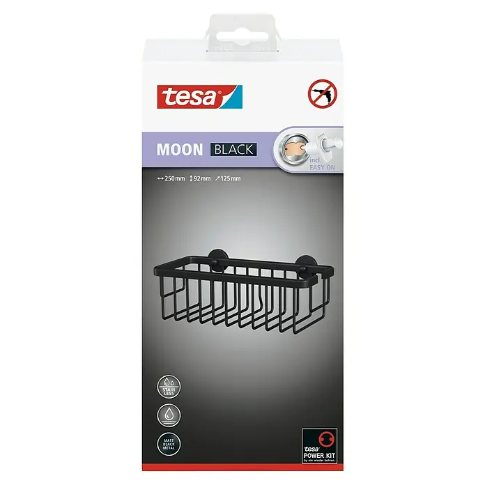 Tesa Moon Duschkorb - Schwarz, Matt - Produktverpackung eines schwarzen Tesa Moon Duschkorbs zur Wandmontage ohne Bohren mit den Maßen 250 x 92 x 125 mm.