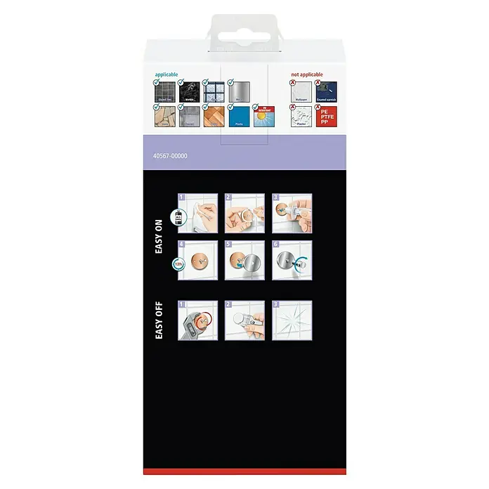 Tesa Moon Duschkorb - Schwarz, Matt - Produktverpackung mit Anwendungs- und Entfernungshinweisen für den Haken, geeignet für Fliesen, Marmor, Metall und Kunststoff.