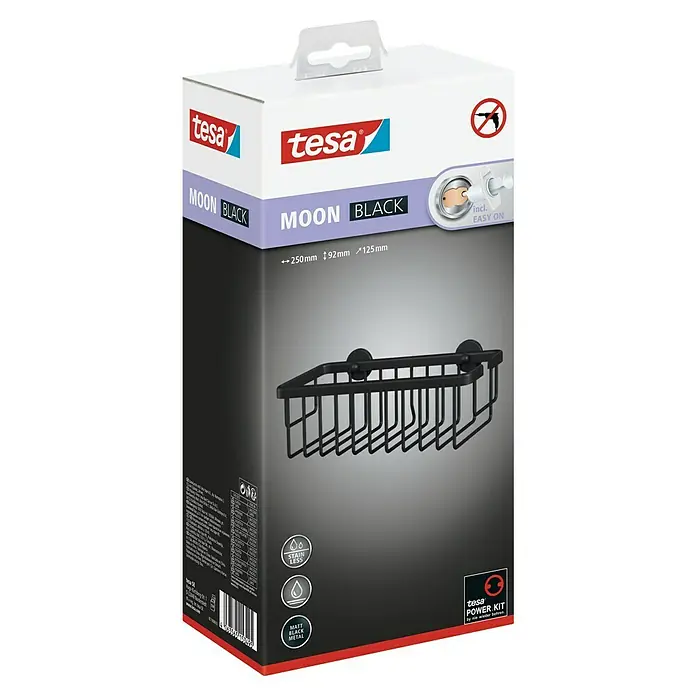 Tesa Moon Duschkorb - Schwarz, Matt - Produktverpackung einer schwarzen Tesa Moon Duschablage zur Befestigung ohne Bohren mit Power Kit Technologie, Maße: 250x92x125mm.