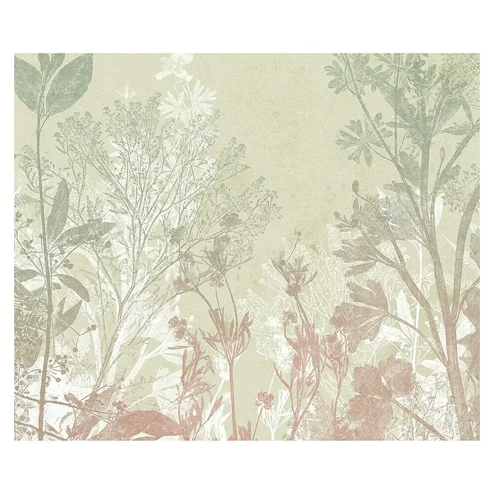 Komar Infinity 2 Fototapete Healing Harvest - B x H: 300 x 250 cm, Vlies - Illustration mit zarten Pflanzen und floralen Elementen in sanften Grün- und Rosatönen, die eine beruhigende, natürliche Atmosphäre schafft.