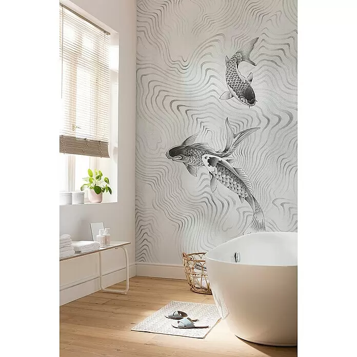 Komar Infinity 2 Fototapete Perfect Pond - B x H: 200 x 250 cm, Vlies - Wellenförmige graue Tapete mit zwei Koi-Fischen im Badezimmer.