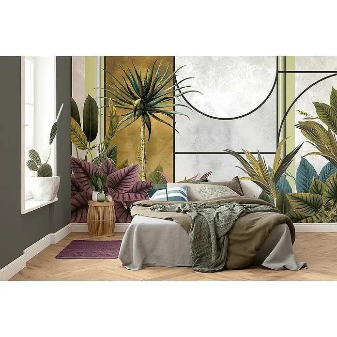 Komar Infinity 2 Fototapete Timeless Temple - B x H: 400 x 250 cm, Vlies - Einladendes Schlafzimmer mit einem Bett vor einer botanischen Tapete. Der Raum strahlt Ruhe und Stil aus.