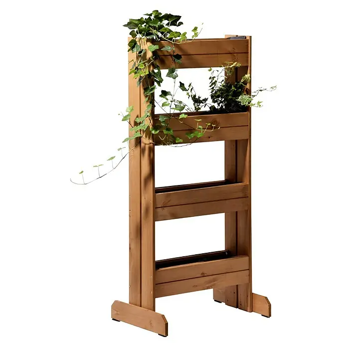 Dobar Hochbeet - 55 x 40 x 125 cm, Holz, Bernstein - Ein dreistöckiger Pflanzkasten aus Holz mit üppigem Grün, ideal für die vertikale Gartengestaltung und zur Verschönerung Ihres Außenbereichs.