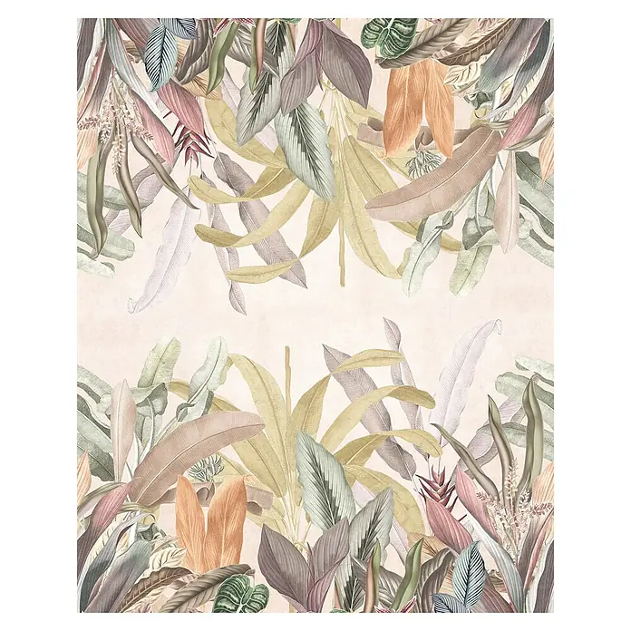 Komar Infinity 2 Fototapete Mirror Maison - B x H: 200 x 250 cm, Vlies - Elegantes botanisches Wandbild mit üppigen Blättern in sanften Farben, ideal für eine stilvolle Raumgestaltung.