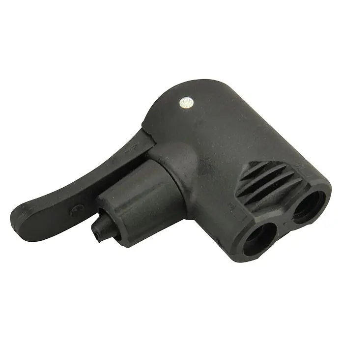Fischer Luftpumpenkopf duo - Geeignet für: Ventile - Hier ist ein Detailbild einer Fahrradpumpen-Düse, die sich durch ihre schwarze Farbe und die zwei Ausgänge auszeichnet.