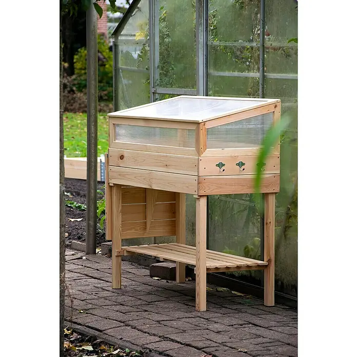 Dobar Hochbeet - 150 x 50 x 107 cm, Holz, Natur - Ein hölzerner Pflanztisch mit Aufsatz und Ablagefläche, ideal für Gartenarbeit und Anzucht von Pflanzen im Freien.