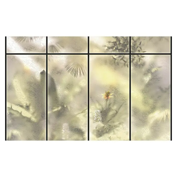 Komar Infinity 2 Fototapete Casa Cabina - B x H: 400 x 250 cm, Vlies - Fenster mit floralen Motiven hinter mattiertem Glas, das eine verträumte und ruhige Atmosphäre erzeugt.