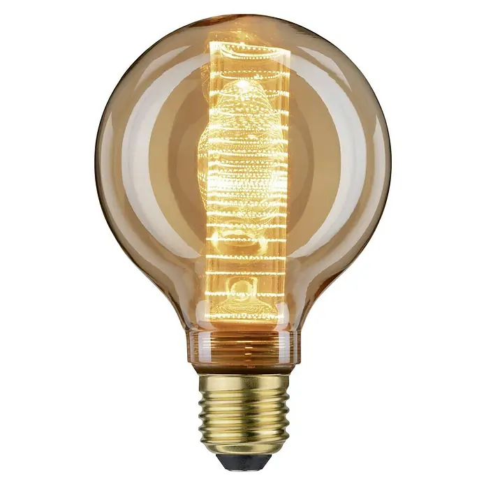 Paulmann LED-Lampe Vintage Globe-Form Ring E27 - E27, Nicht Dimmbar, Warmweiß, 200 lm, 4 W, Rund - Nahaufnahme einer bernsteinfarbenen Globe-Glühbirne mit einem spiralförmigen LED-Filament, das ein warmes, einladendes Licht ausstrahlt.