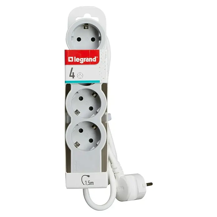 Legrand Base de enchufe múltiple Estándar - blanco, Longitud del cable: 1,5 m - Regleta blanca Legrand con cuatro enchufes y un cable de 1,5 m, adecuada para uso en interiores.