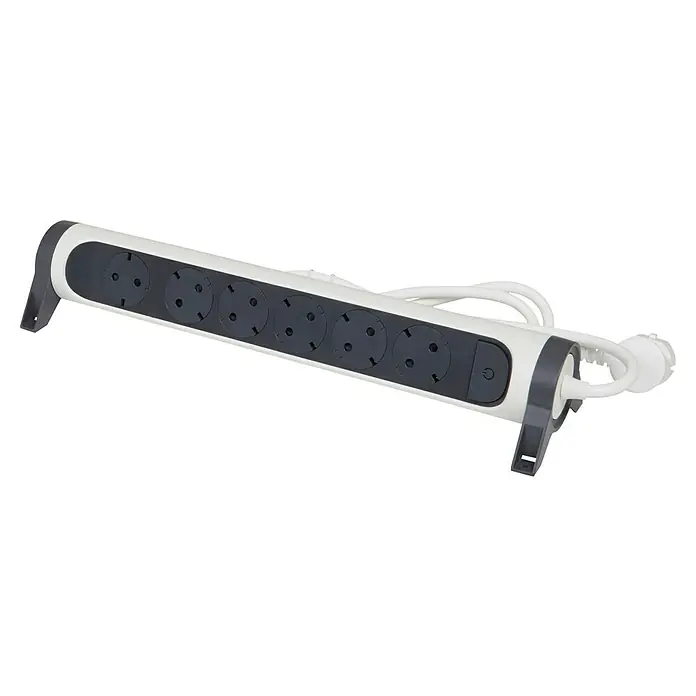 Legrand Base de enchufe múltiple Confort giratoria - Número de enchufes Schuko: 6 ud., Antracita, Longitud del cable: 1,5 m - Una regleta blanca con seis enchufes y un interruptor. Ideal para usar en casa o en la oficina para múltiples dispositivos.