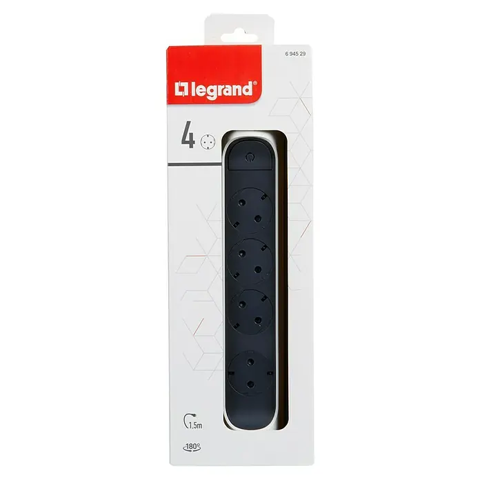 Legrand Base de enchufe múltiple Confort giratoria - x 4, Antracita, Longitud del cable: 1,5 m, Con interruptor - Una regleta Legrand de 4 enchufes en su embalaje. La regleta es negra con un marco blanco.
