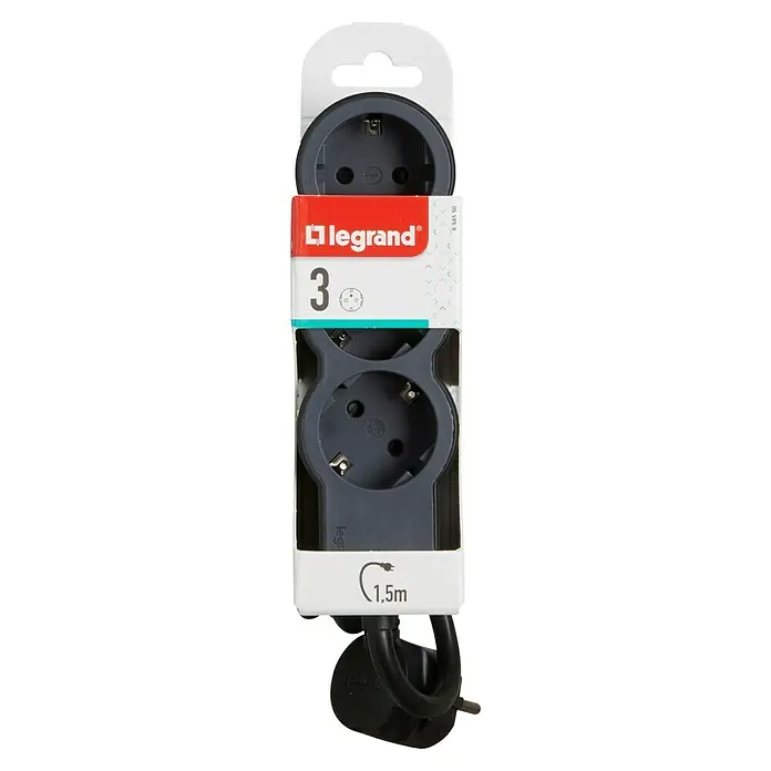 Legrand Base de enchufe múltiple Standard - Negro, Longitud del cable: 1,5 m, Número de enchufes Schuko: 3 ud. - Regleta múltiple Legrand con tres enchufes en su embalaje original. El producto proporciona mayor comodidad al usuario.