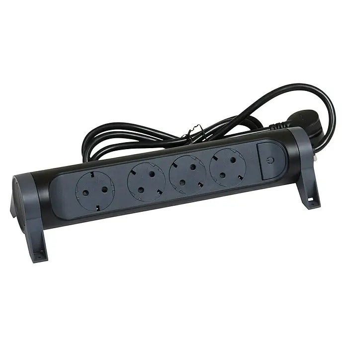 Legrand Base de enchufe múltiple Confort - Número de enchufes Schuko: 4 ud., Negro, Longitud del cable: 1,5 m - Una regleta gris con un cable negro y cuatro enchufes, ideal para usar en casa o en la oficina.