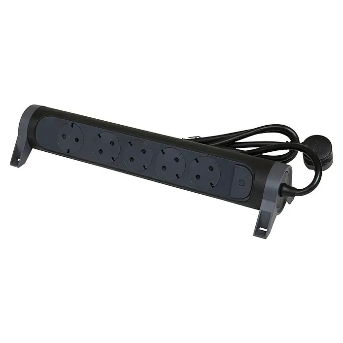 Legrand Base de enchufe múltiple Confort - Número de enchufes Schuko: 5 ud., Negro, Longitud del cable: 1,5 m - Una regleta con seis enchufes, un interruptor y un cable de alimentación, ideal para uso doméstico o en la oficina.