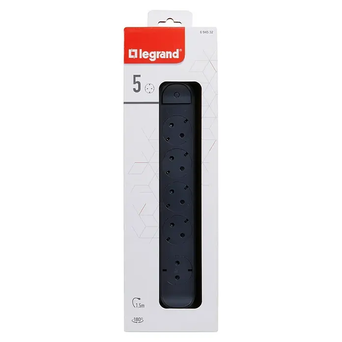 Legrand Base de enchufe múltiple Confort - Número de enchufes Schuko: 5 ud., Negro, Longitud del cable: 1,5 m - Imagen de una regleta Legrand con cinco enchufes, ideal para el hogar y la oficina para alimentar múltiples dispositivos simultáneamente.