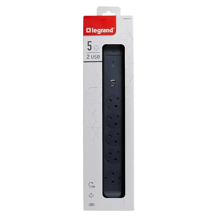 Legrand Base de enchufe múltiple con USB - x 5, Negro, Longitud del cable: 1,5 m, IP20, Con interruptor - Imagen de una regleta Legrand con cinco enchufes, dos puertos USB y protección contra sobretensiones, empaquetada en una caja blanca.