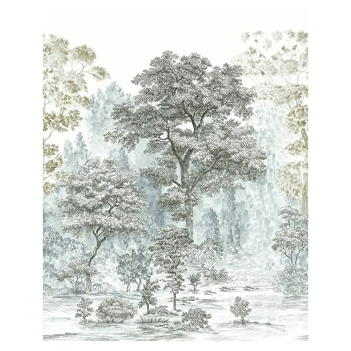 Komar Infinity 2 Fototapete Rising Roots - B x H: 200 x 250 cm, Vlies - Skizzenartige Darstellung eines Waldes mit detailreichen Bäumen und sanften Farbverläufen, die eine ruhige Atmosphäre schaffen.