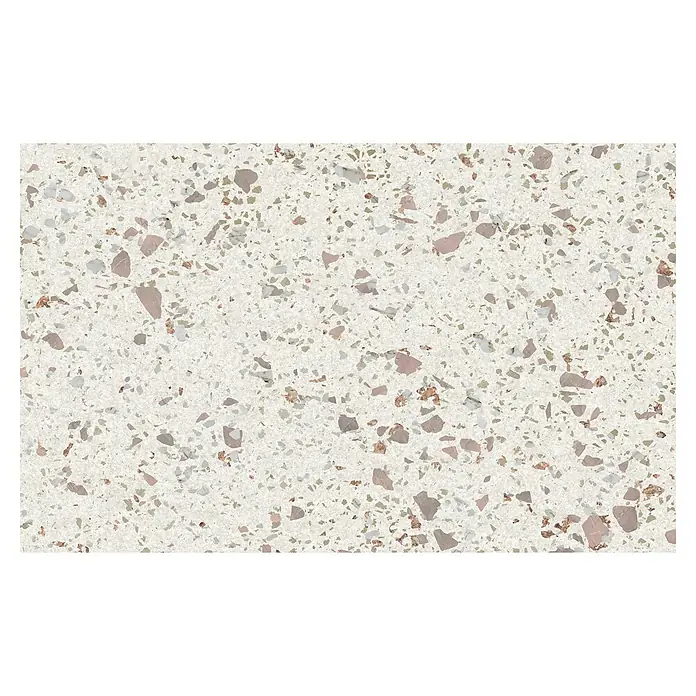 Komar Infinity 2 Fototapete Tasteful TerrazzoB x H: 400 x 250 cm, Vlies - Nahaufnahme einer Terrazzo-Arbeitsplatte mit beigen und rosa Sprenkeln auf hellem Grund.