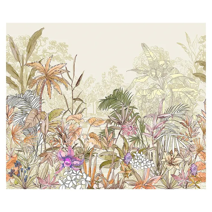 Komar Infinity 2 Fototapete Humided HeatB x H: 300 x 250 cm, Vlies - Elegante Wandtapete mit tropischen Pflanzen und Blumen in sanften Farben. Ein Hauch von Exotik für Ihr Zuhause.