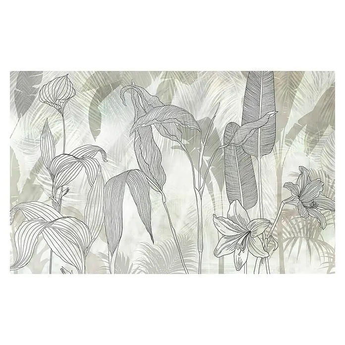 Komar Infinity 2 Fototapete Linierte Lilien - B x H: 400 x 250 cm, Vlies - Elegante Illustration von tropischen Pflanzen und Blüten, die eine exotische und beruhigende Atmosphäre schafft.